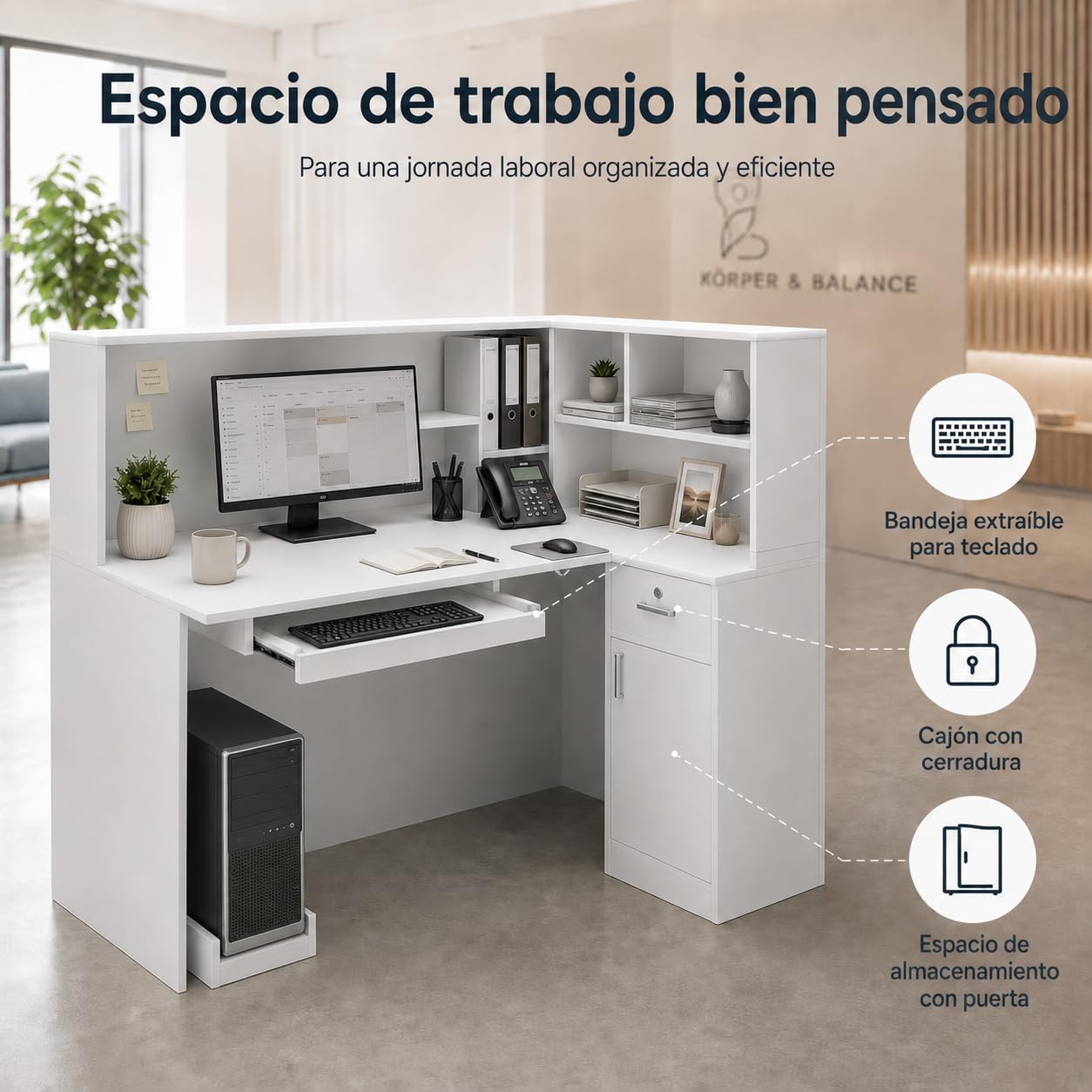 Mostrador de Recepción Blanco en L 142cm – Caja Esquinera con Cajón de Teclado, Soporte para PC, Cajón con Llave y 5 Compartimentos – Mostrador para Oficina, Salón, 142×82×123cm