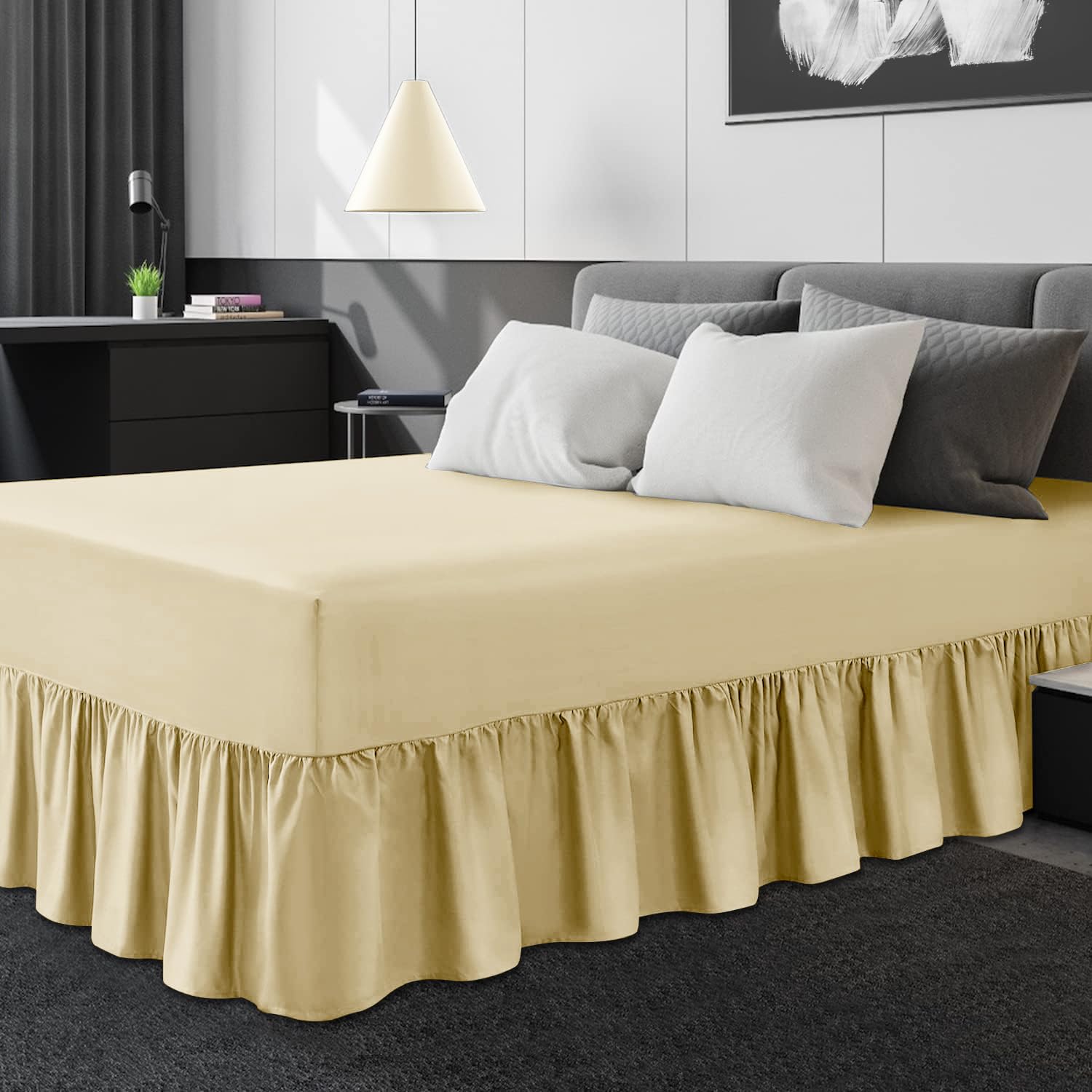 Gc Gaveno Cavailia Cream Non-Iron Percale Valance Sheet Single Bed | Lightweight & Breathable | Polycotton Soft & Cozy Frill Bed Sheets,