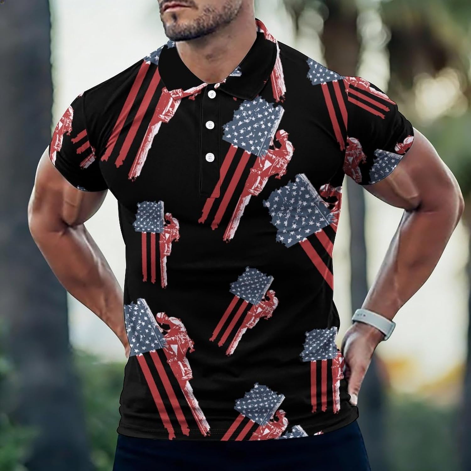 U.S.A. Flag Lineman Men's Polo Golf Shirts Collared T-Shirt | short sleeve,three button,quick dry,machine washable,summer tee top
