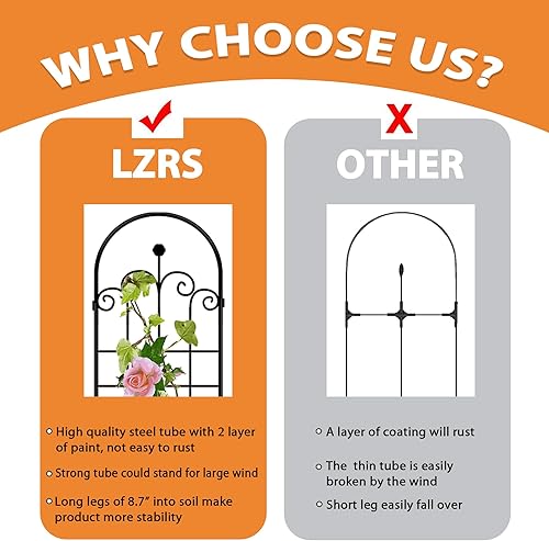 Miniatura 4 de LZRS Paquete de 2 enrejados de jardín de arco rústico de 71 x 20 pulgadas con revestimiento de metal negro, perfecto para apoyar plantas trepadoras