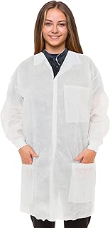 AMZ Disposable Lab Coats for Adults Medium, Spunbonded Polypropylene Medical Robes for Men and Women Pack of 10, Disposable Smocks 50 GSM, Lab Coats with Snaps, Folded Collar, Knit Wrists, 3 Pockets