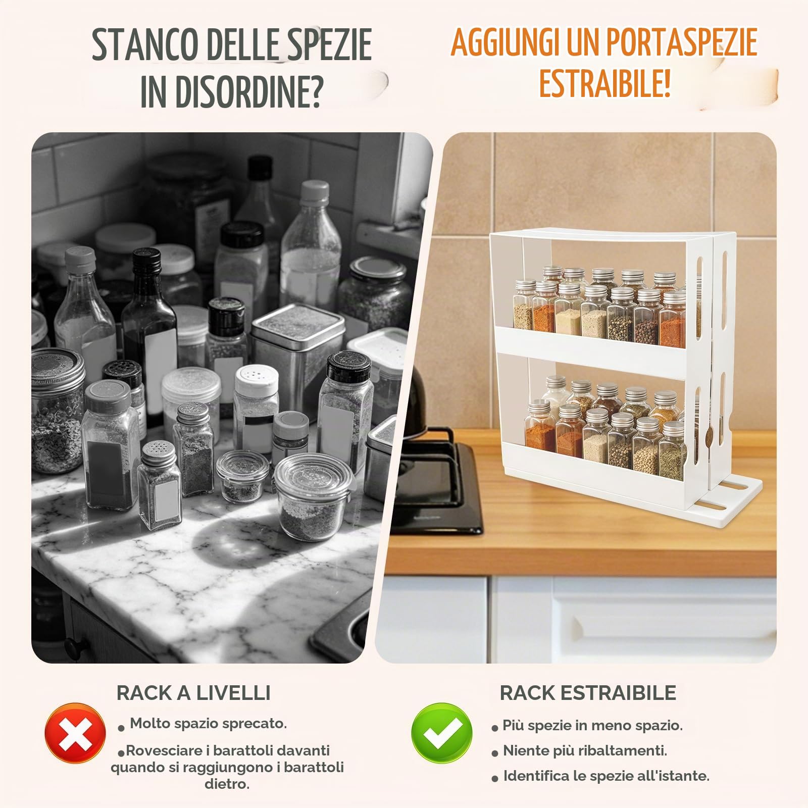 Buachois Cestello Estraibile, 2 Livelli Design Scorrevole Porta Spezie Verticale di Grande Capacità, Organizzatore per Alimenti Girevole Estraibile Antiscivolo
