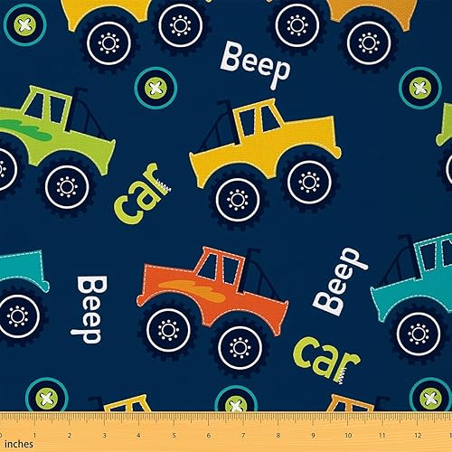 Tela de coche de dibujos animados por The Yard, Tela de tapicería de construcción para niños, Tractor de vehículos de construcción, tractor azul y