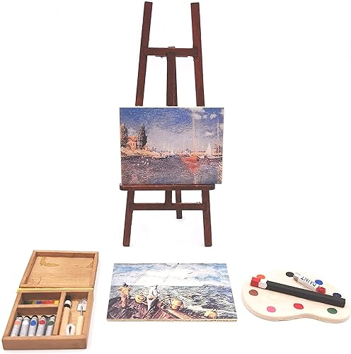 Accesorios de decoración de casa de muñecas, 1/12 casa de muñecas en miniatura caballete de madera pintura al óleo conjunto de paleta caja de