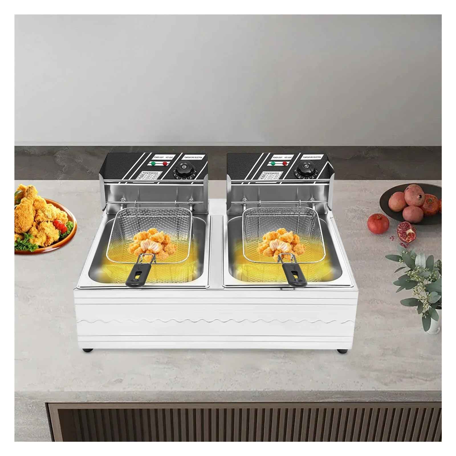 Freidora De Doble Tanque For Patatas Fritas, 12 L, Tubo Calefactor 5 Anillos Calentamiento RáPido