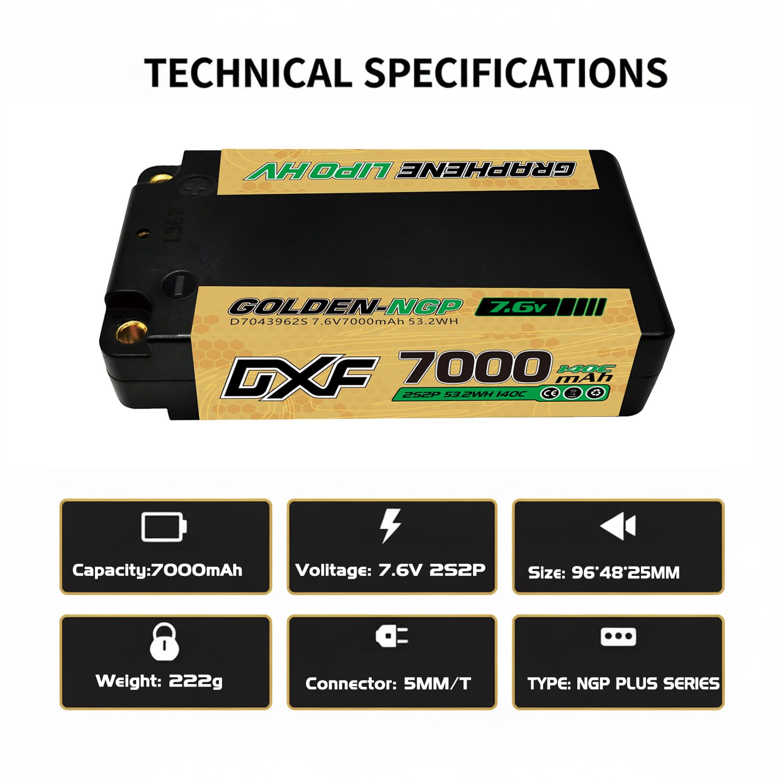 DXF 2S HV LiPo Akku 7.6V 7000mAh 140C Golden NGP mit 5mm Bullet zu Deans T Stecker High-Performance Battery Pack für 1:8 1:10 RC Auto Fahrzeuge Leistungsstark 2S2P