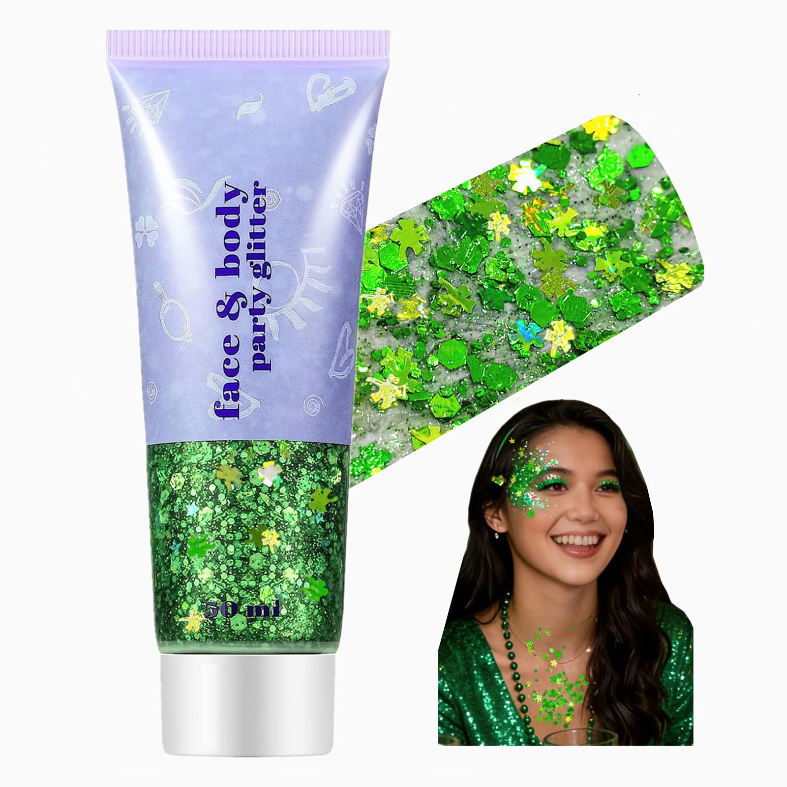 Go Ho Shamrock Face Body Glitter,St Patricks Day Hair Glitter Makeup,Self Adhesive Holographic Green Chunky Sequins Glitters,Irish Festival Four Leaf Clover Green Accessories