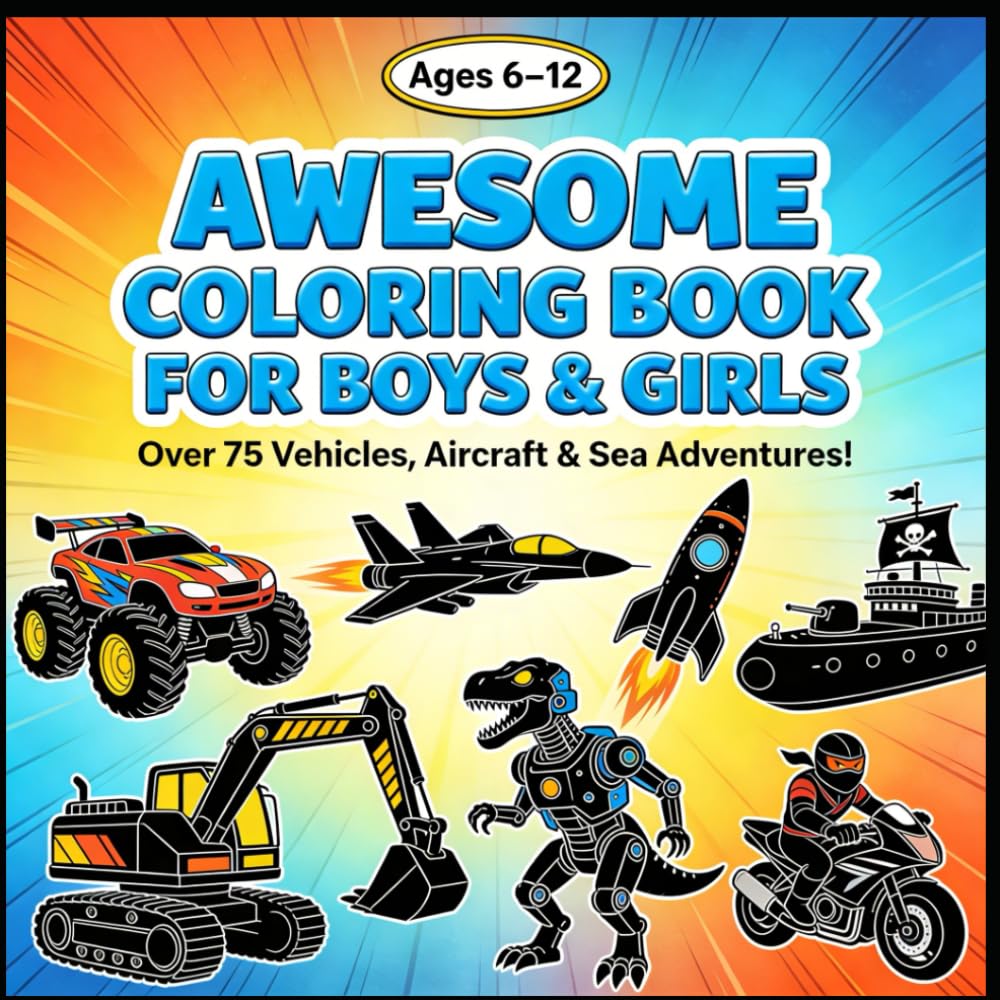 AWESOME COLORING BOOK FOR BOYS & GIRLS: Over 75 Vehicles, Aircraft & Sea Adventures!