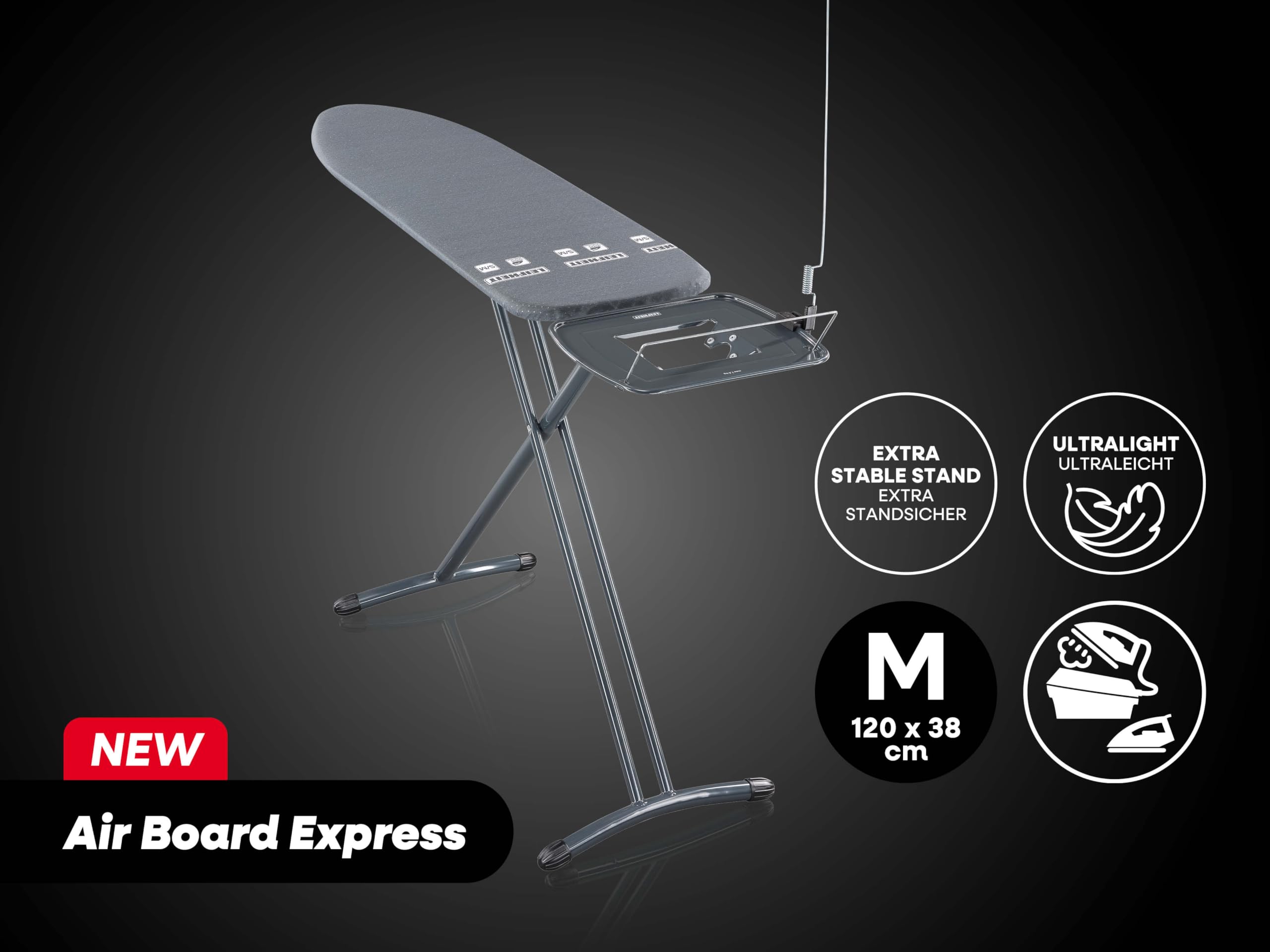 Leifheit Air Board Express M Black, Bügelbrett in stilvollem Design, 120 x 38 cm Bügelfläche, Bügeltisch geeignet für Dampfstationen, höhenverstellbar und platzsparend verstaubar, schwarz