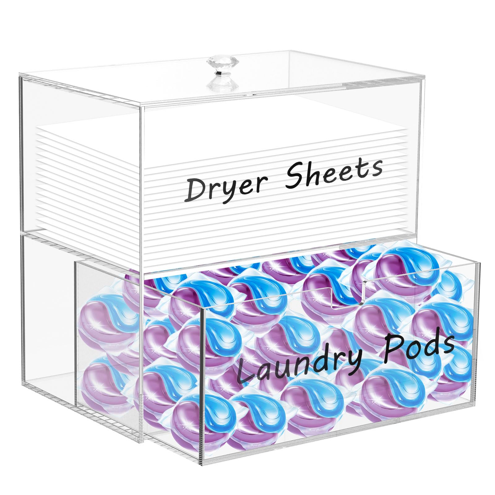 Dryer Sheet Holder with Drawer and Lid, Clear Laundry Room Organization and Storage, 2-Tier Laundry Pod Container with 4 Label Decals, Acrylic Dryer Sheet Container for Dryer Balls Clothes Pins
