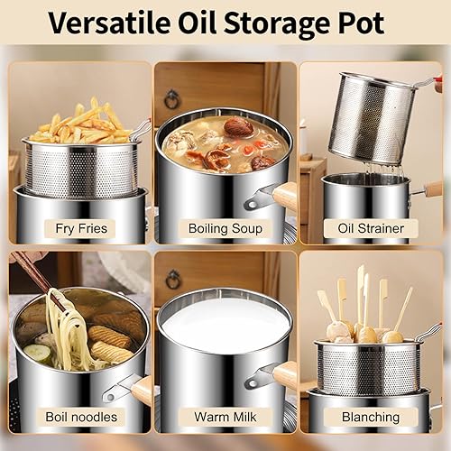 Miniatura 6 de Olla para freidora profunda con cesta coladora, contenedor de filtro de aceite inoxidable 304 de 3L con mango de madera, pinzas de tapa de vidrio,