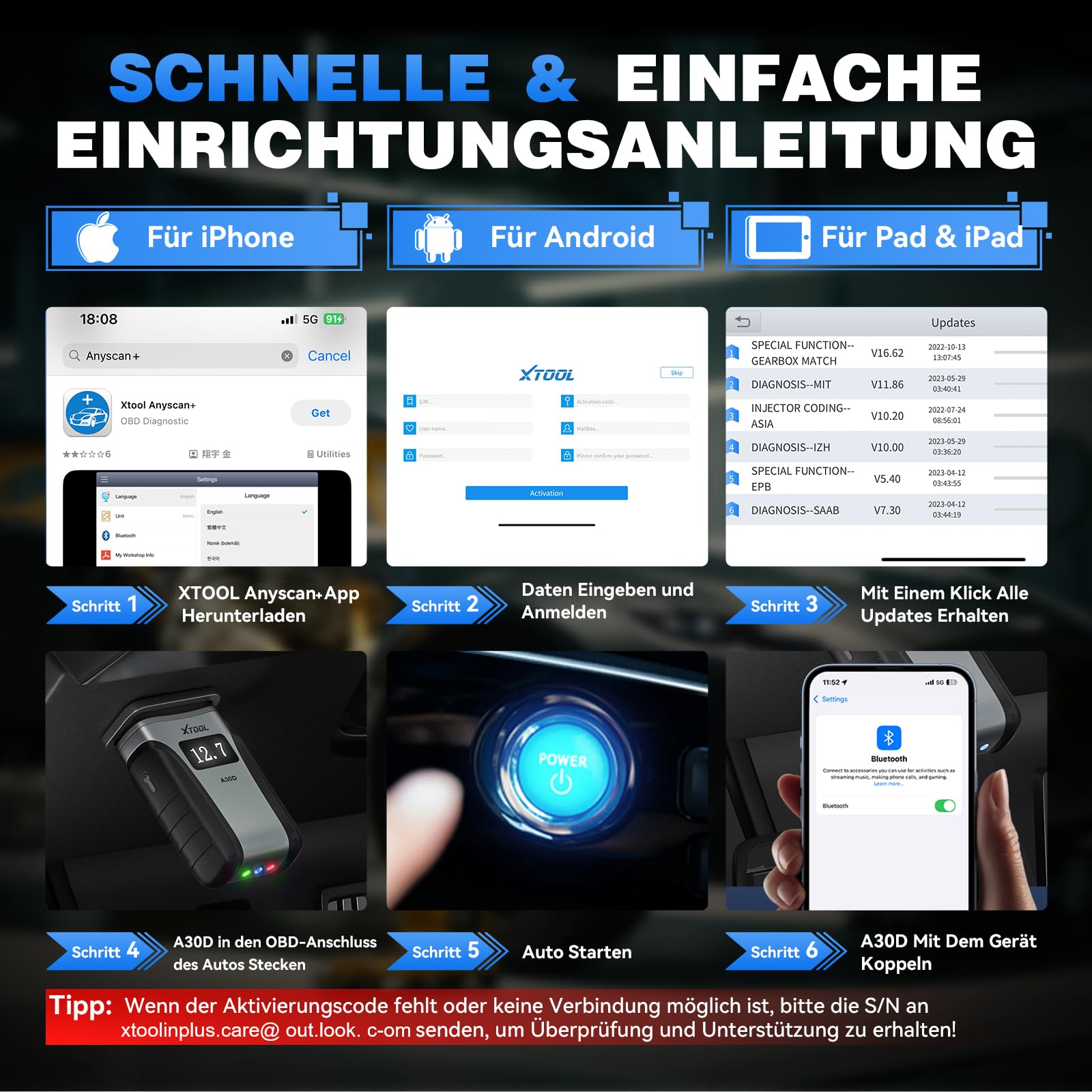 XTOOL A30D OBD2 Diagnosegerät Bluetooth, Bidirektionales Diagnosegerät Auto, Vollsystem, KI-Assistent, 19+ Funktionen, Öl ABS EPB DPF SAS, 8-PID Live-Daten, Lebenslange Update für iOS Android, CAN FD
