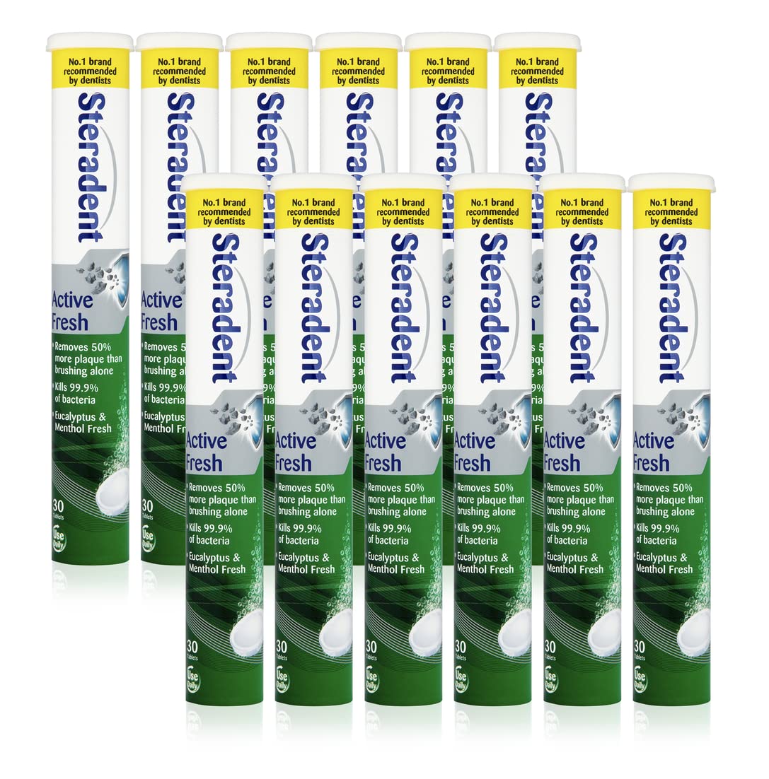 Steradent Active Fresh Denture Cleaning Tablets, Plaque Remover, Eucalyptus & Menthol Fresh, Pack of 12 x 30 Tablets, Total 360 Tablets