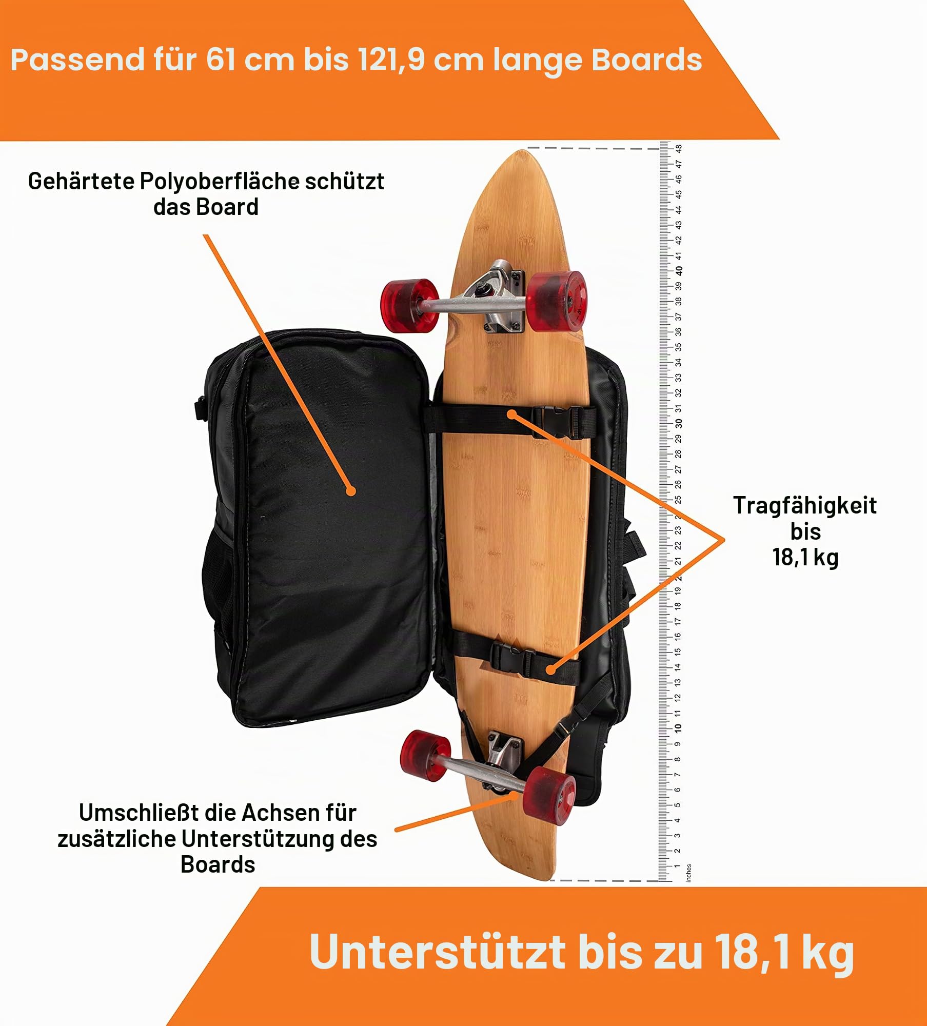 Faltbarer elektrischer Skateboard-Rucksack für Longboard oder Skateboard jeder Größe,großer wasserdichter Reise-Skateboard-Rucksack mit Fächern für Laptop, Helm, Telefon, Schwarz, Modern