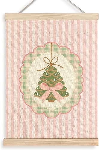 KEUSPI Póster de arte de pared de árbol de Navidad con lazo rosa coquette, decoración de Navidad preparada, lienzo retro a rayas rosas y verdes,