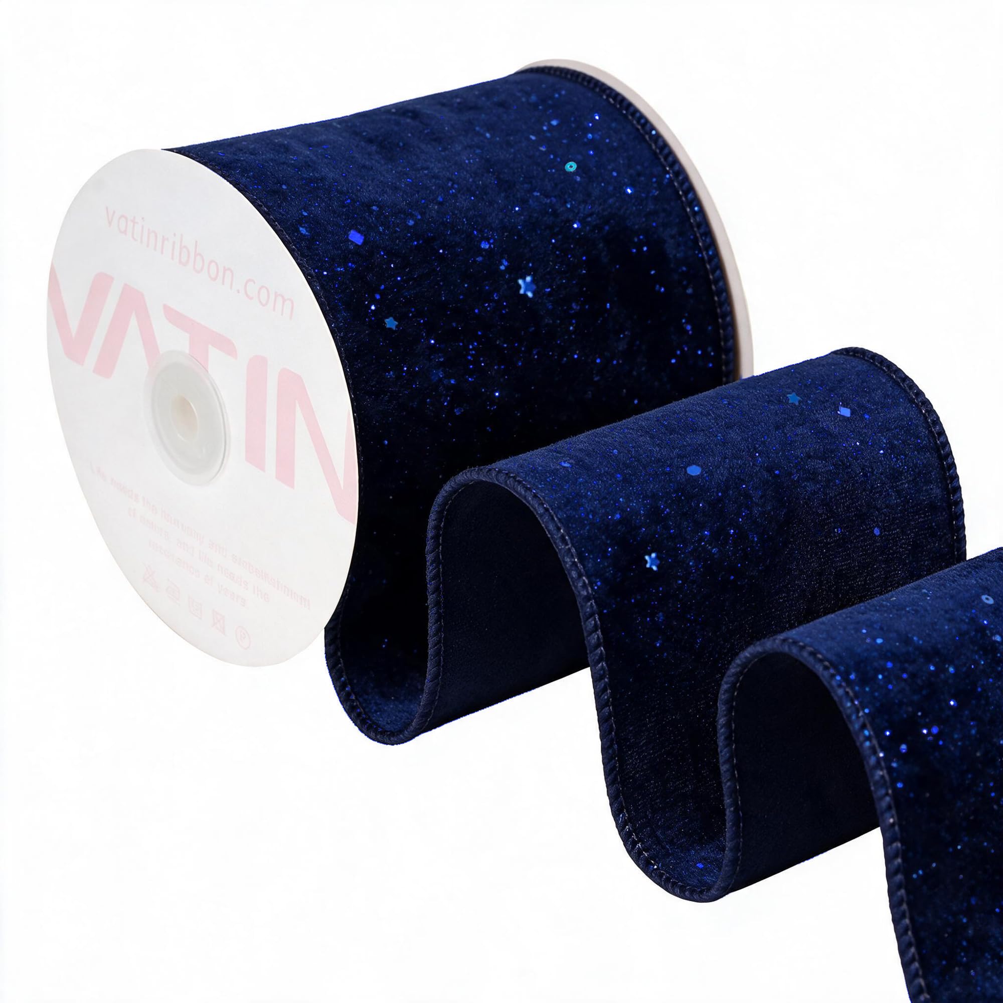 VATIN Navy Glitter Wired Ribbon, 102 MM x 9 M, Christmas Tree Decorations