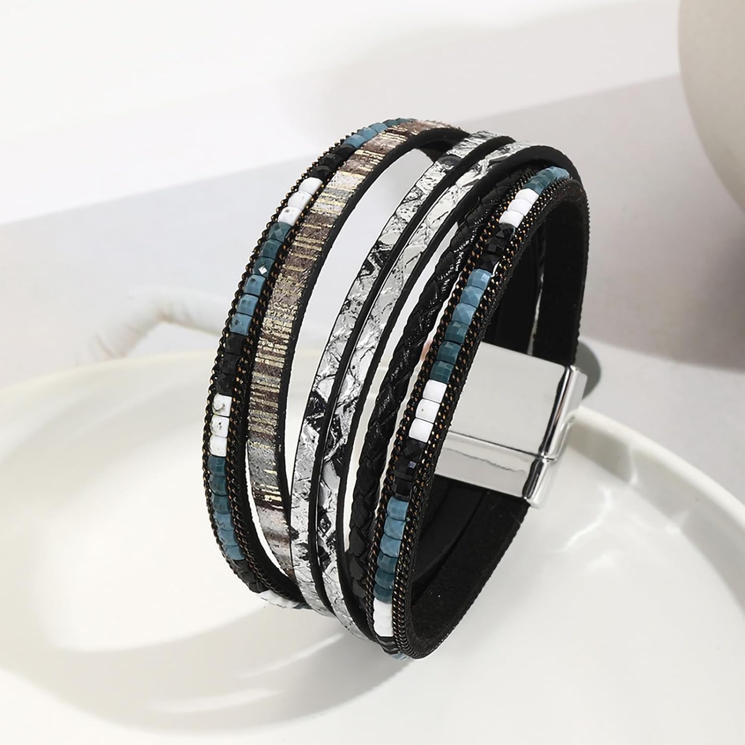 Fesciory Leather Wrap Bracelets for Women, Boho Leopard Multi-Layer Crystal Beads Cuff Bracelet Jewelry - Image 6