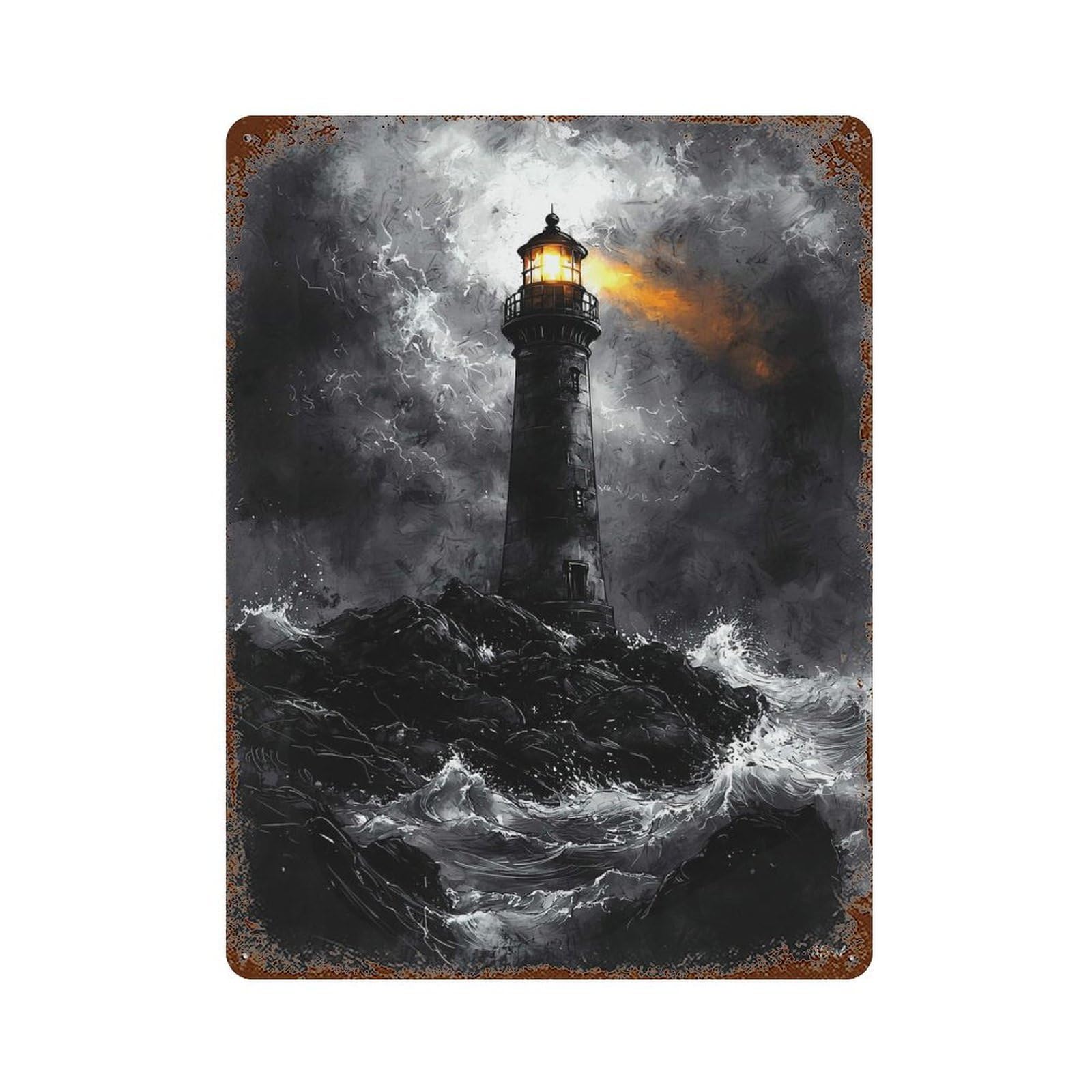 Aged Metal Wall Plaque with Stormy Lighthouse in Dramatic Monochrome Style Design 15.7"x11.8", for Cafe, Home Bar And Lounge Decor, Novelty Wall Decor