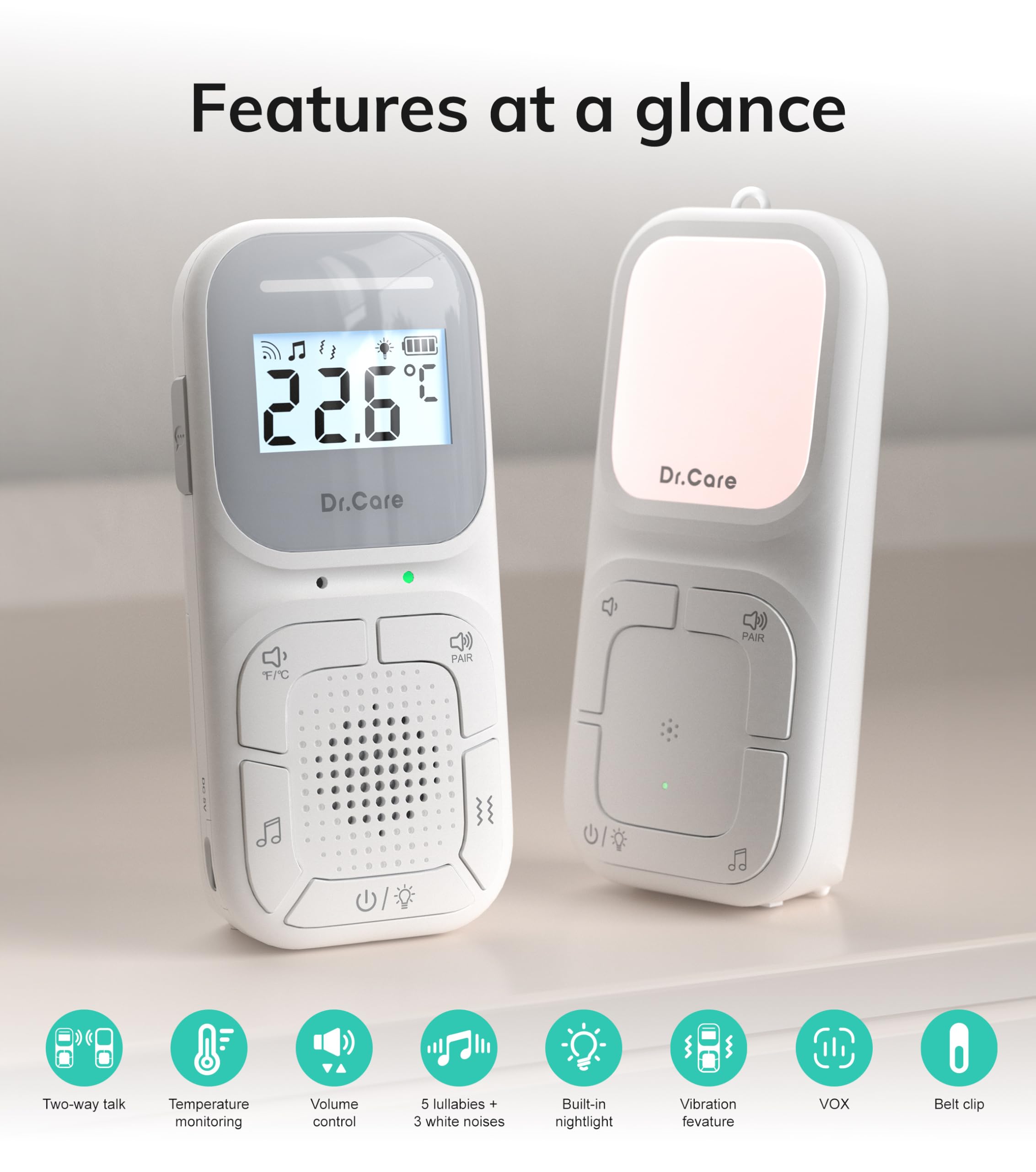 Dr.Care Neo Go Monitor Audio Portatile Bambini 300m, Batteria Giorno-Notte, Comunicazione Bidirezionale, VOX, Luce Notturna