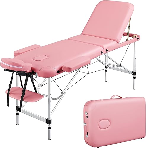 Topeakmart Mesa de masaje portátil de aluminio, mesa de terapia de cama de spa, cama de salón ajustable de 84 pulgadas, 3 pliegues, rosa Rosado
