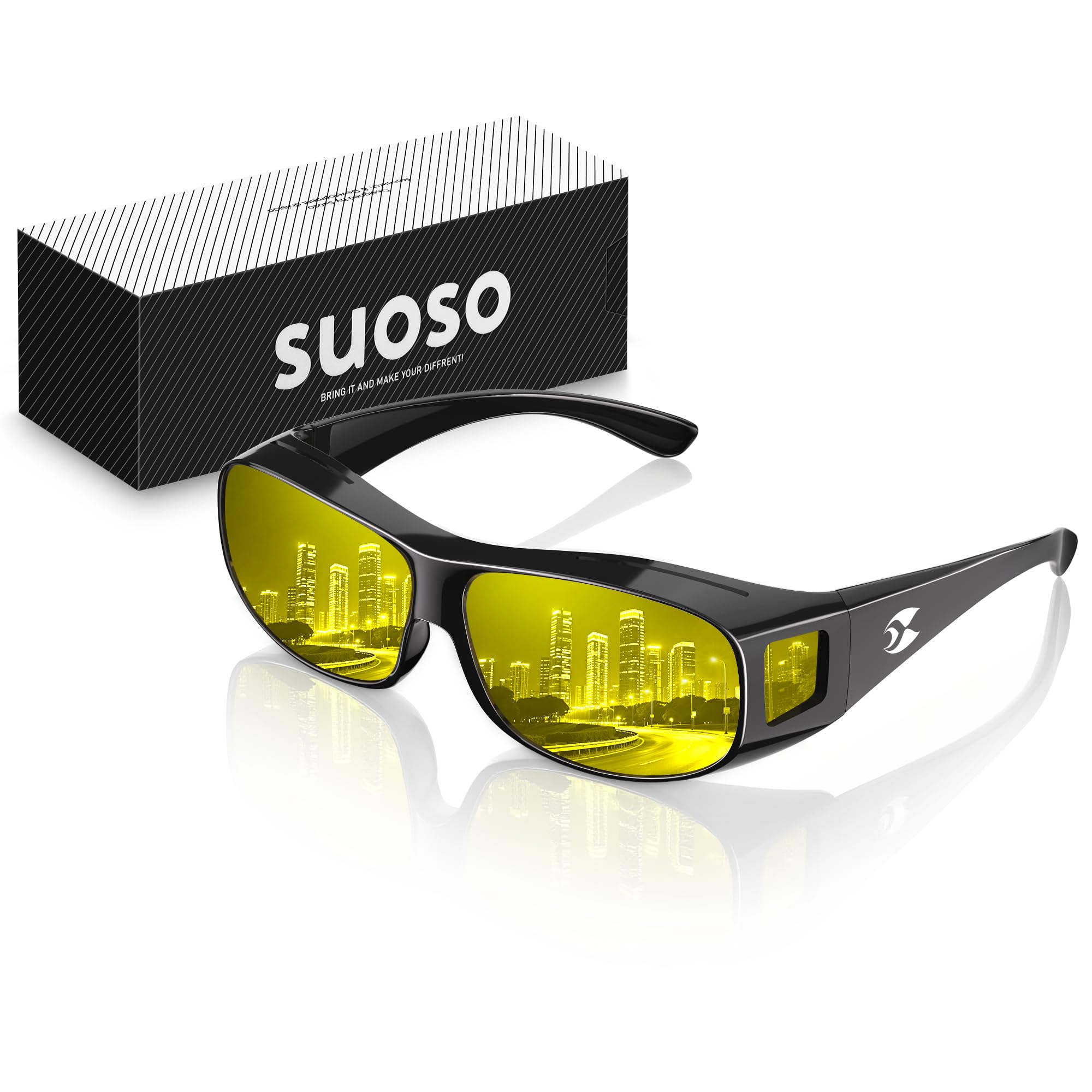 suoso Night Driving Glasses Fit Over Eyeglasses for Men Women Polarized Anti Glare Night Vision Glasses HD Yellow