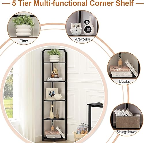 Miniatura 6 de Estantería esquinera industrial de 5 niveles, estante esquinero independiente con marco de metal, soporte de esquina abierto para plantas para