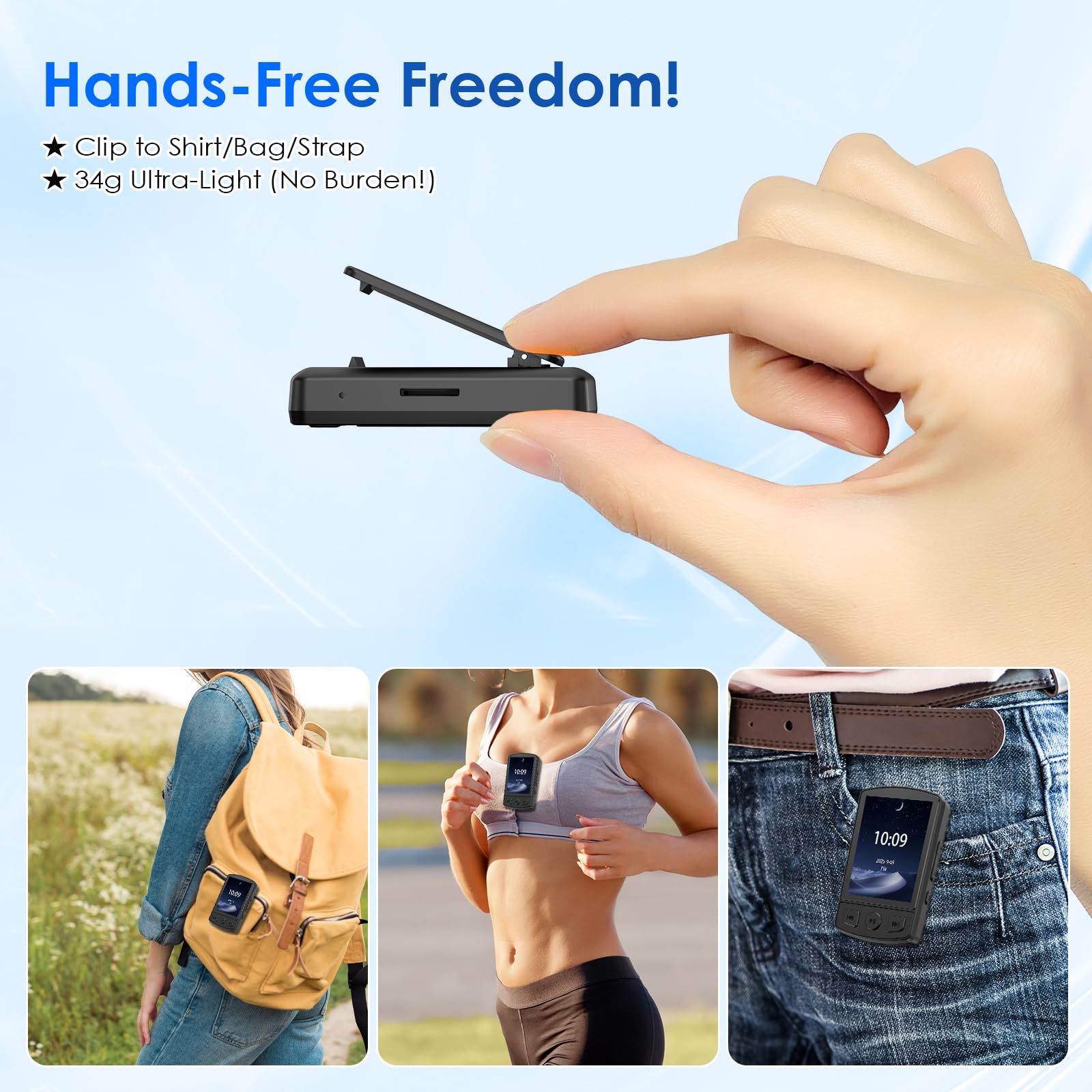 Gueray Lettore MP3 Bluetooth 64GB - Lettore Musicale Digitale Portatile con Clip, Audio HiFi, Radio FM Integrata, Altoparlante, Registratore Vocale e Supporto Scheda TF