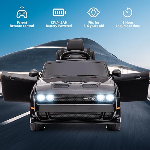 Miniatura 6 de SEGMART Dodge Kids Ride on Car, vehículo eléctrico de 12 V para niños con control remoto, luz LED, MP3 y Bluetooth, sistema de suspensión (negro)