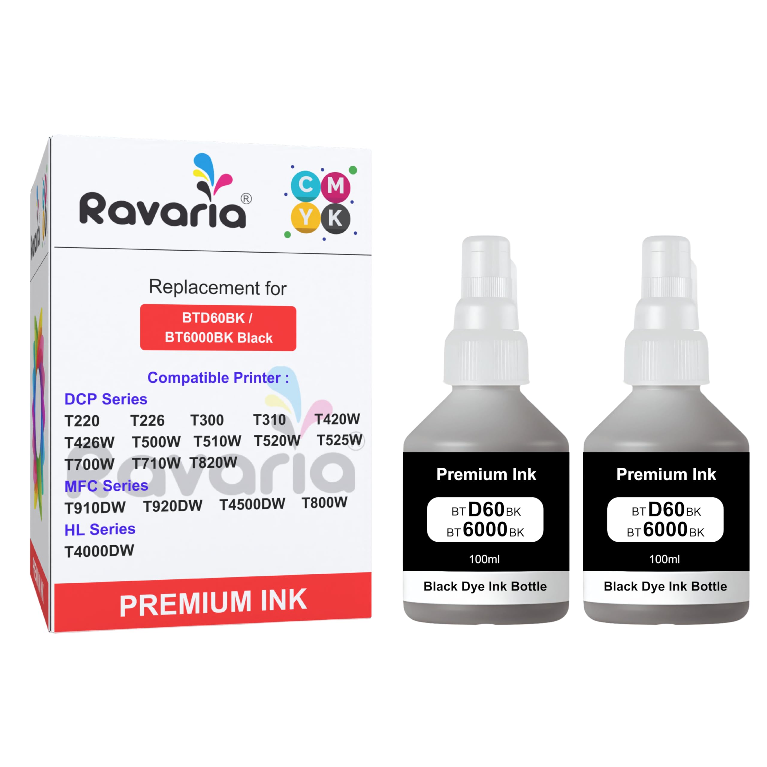 Ravaria BT-D60BK / BT6000 and BT5000CMY Compatible Ink for Brother Printer T220, T420, T520, T820, T920, T510, T910, T710, T4000W, T4500W, T300W, T800W (BT-D60BK / BT6000 Black 2 Pcs Pack)