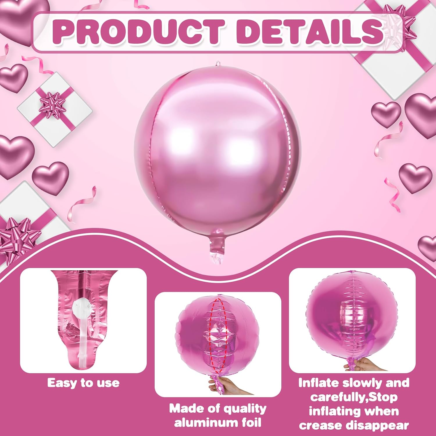 6Pcs Pink Round Foil Balloons,Giant 4D Round Ball Balloons,22 Inch Metallic Pink Balloon for Valentine's Day Birthday Wedding Graduation Prom Party Decorations - Image 7
