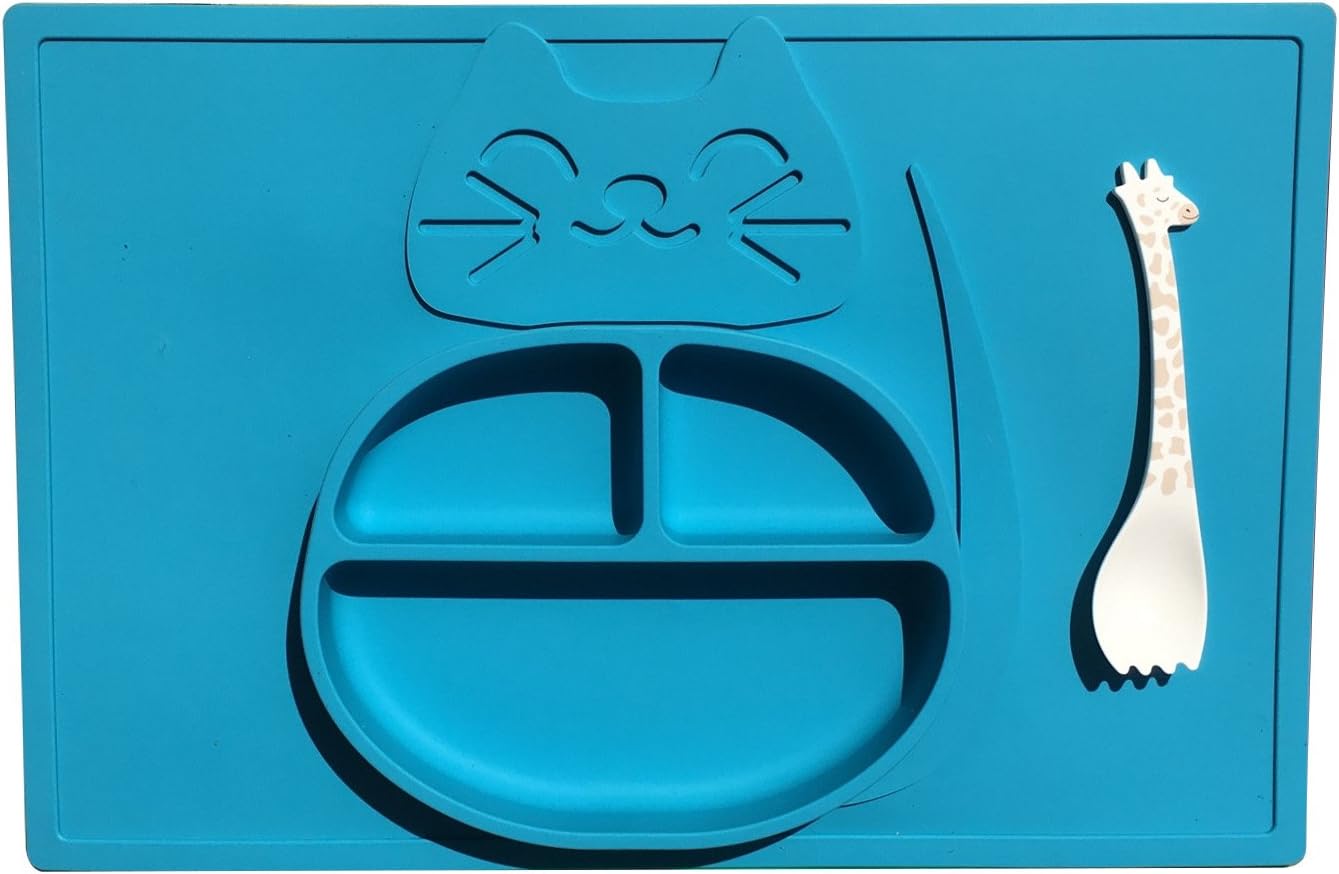 Toddler and Baby Silicone Placemat - Cat Design, Non-slip, Non-BPA Led Weaning Food Mat, With Spoon