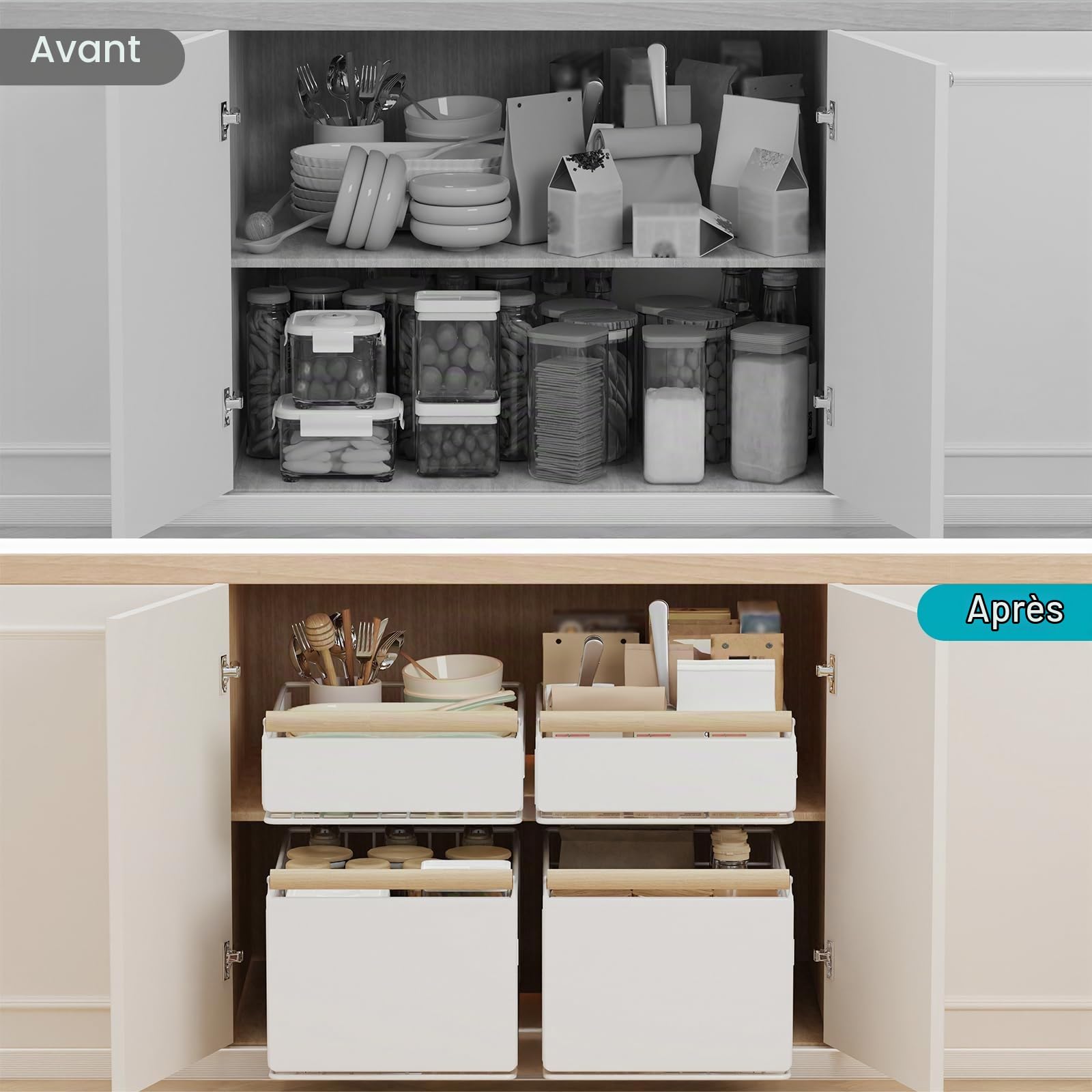 2 Pièce Tiroir Rangement Cuisine Placard, 39.5×23.5×19.5cm, Blanc | Panier Coulissant Adhesif,Organiseurs d'Armoires,Organisation de Placards, Facilité D'Installation,Schubladen Organizer