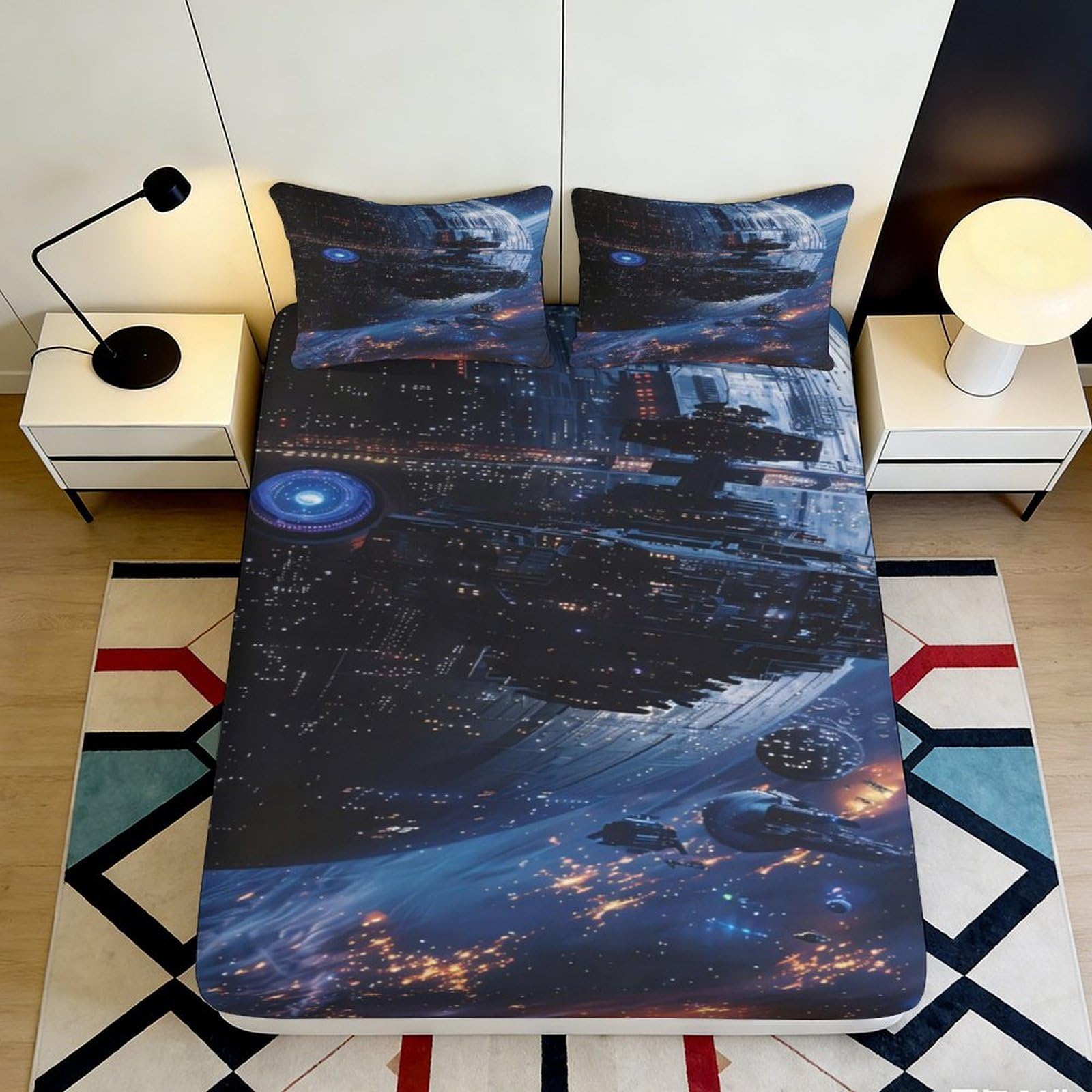 3D Printed Galaxy Style Fitted Sheet, Microfiber Soft Touch, Bed Sheet for Bedroom or Guest Room, Wrinkle Resistant, Apartment Bedding, 105 Characters 90x200x25cm