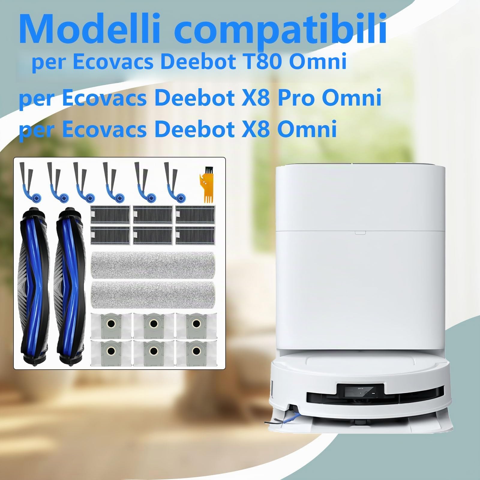 24 pezzi di Accessori per Ecovacs Deebot T80 Omni/T80/X8 Pro Omni/ X8 Omni, 2 Spazzole Principali,2 Rulli di Pulizia Mopp,6 Filtri,6 Sacchi di Polvere,6 Spazzole Laterali,2 Strumenti di Pulizia