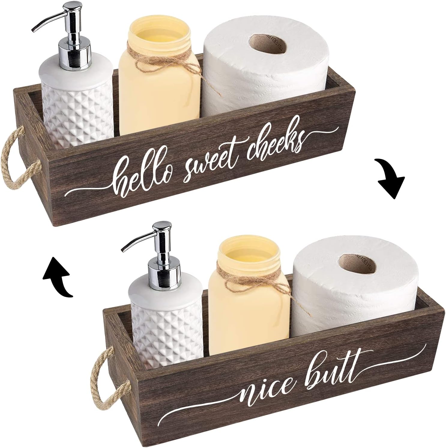 PZJIEAN 2 Sides Brown Funny Sayings Toilet Paper Bathroom Decor Box with Handle, Farmhouse Bathroom Decor Box for Toilet Paper