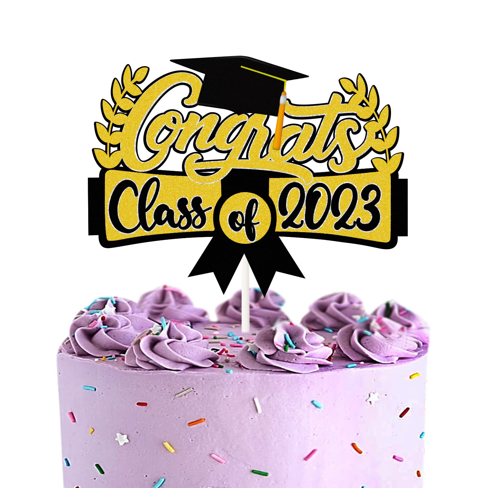 LECAKTO Congrats Class of 2023 Cake Topper, Gold Black - We are Proud of You Party Decor - Senior High School University College Graduation Party Supplies