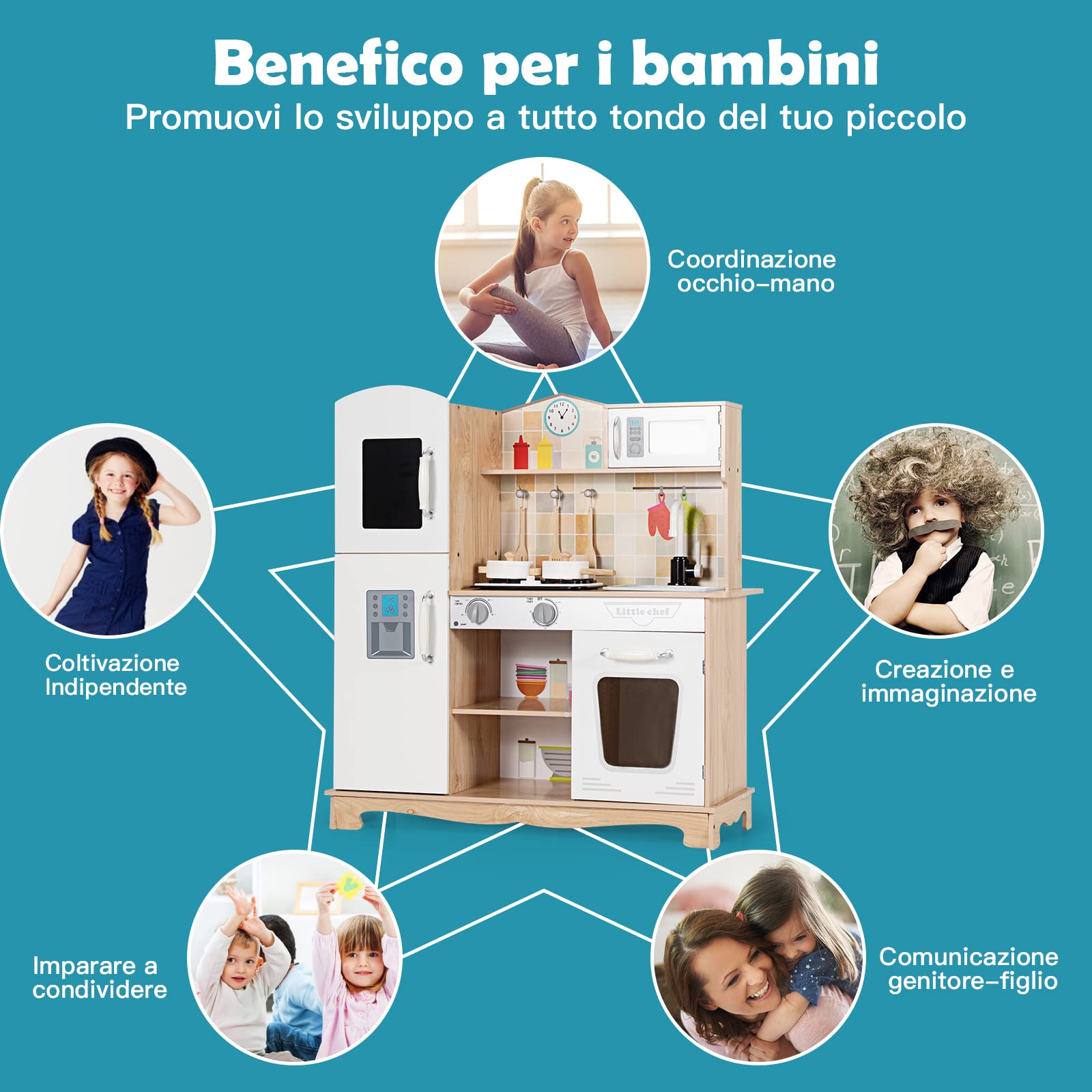 COSTWAY Cucina Giocattolo per Bambini, Cucina Finta Giocattolo con Suoni e Luci Realistici, Accessori Completi di Utensili da Cucina, Ideale per Bambini 3-7 Anni