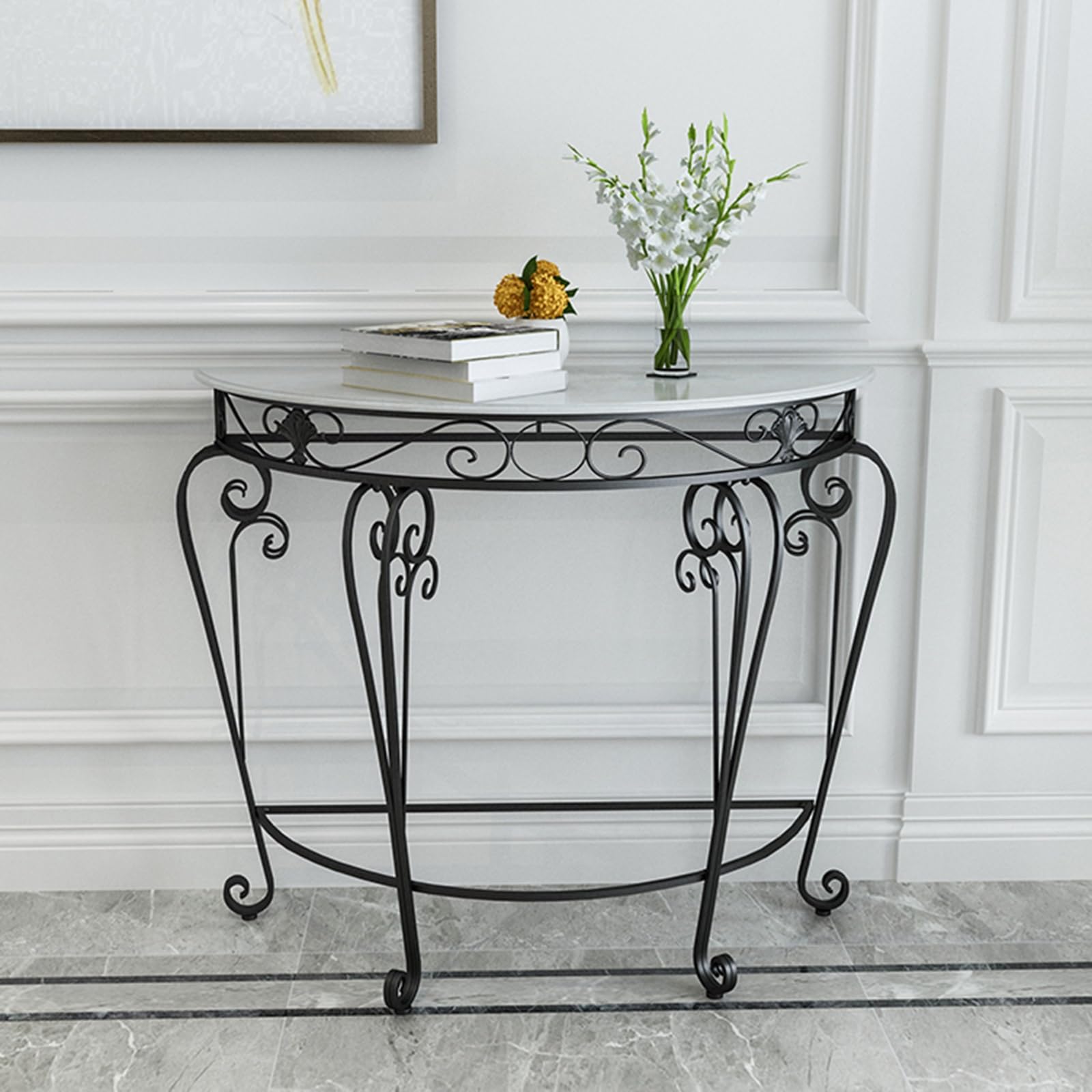 Mesa consola moderna con tapa de mármol sintético y metal decorativo