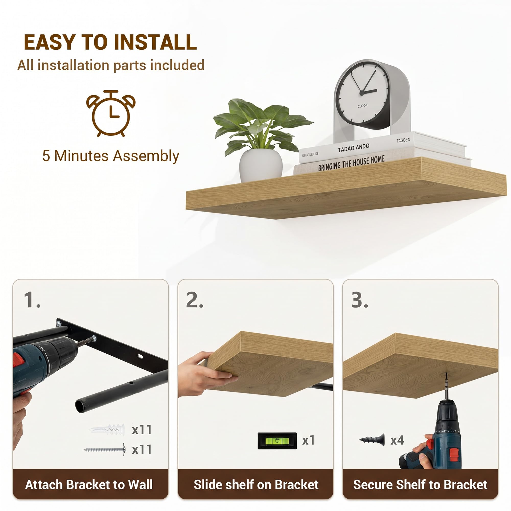 Acovy Lot de 2 étagères murales flottantes en bois pour salon, salle de bain, chambre à coucher, cuisine, chêne - 23,5 cm de profondeur - 80 cm de long