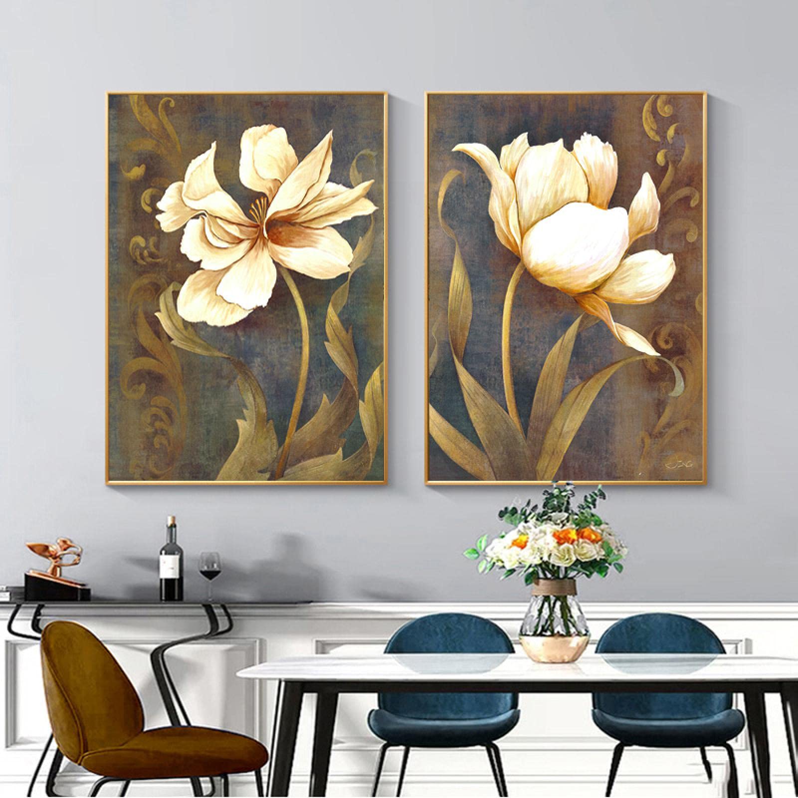 Lienzo con marco Retro Flor dorada Cartel Planta Lienzo Pintura Arte de la pared Imágenes Sala de estar Decoración del hogar 60x80cmx2pcs Marco interno