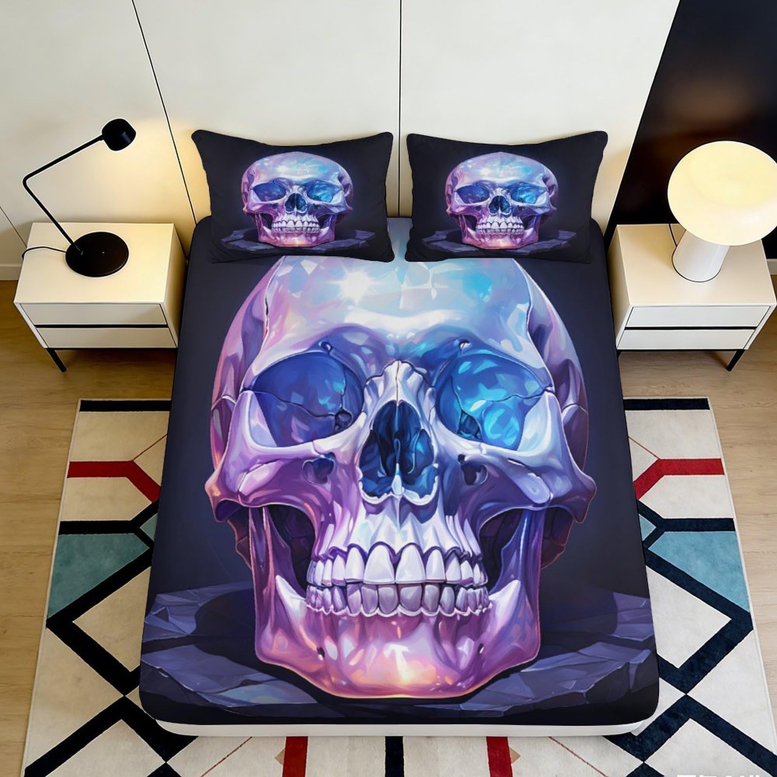 3D Printed Purple Skull Fitted Sheet Microfiber Soft Breathable Neon Skull Mattress Cover for Bedroom Dorm Mattress Protection Decor 180x200x25cm