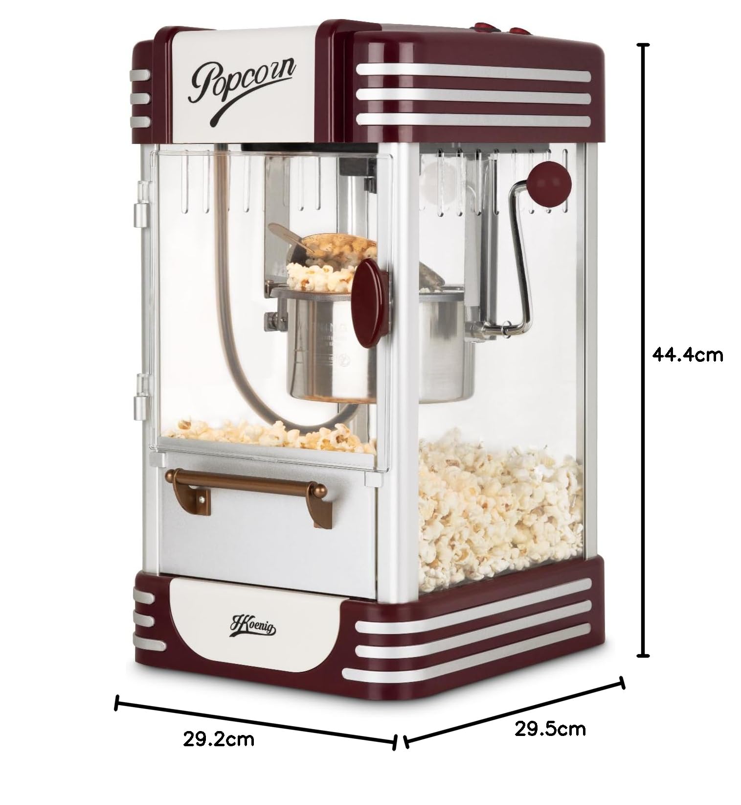H.Koenig Maszyna do popcornu POP330, łatwy i szybki domowy popcorn, retro design, garnek ze stali nierdzewnej i aluminium, pojemność 50 g, magnetyczne drzwi, 360 W
