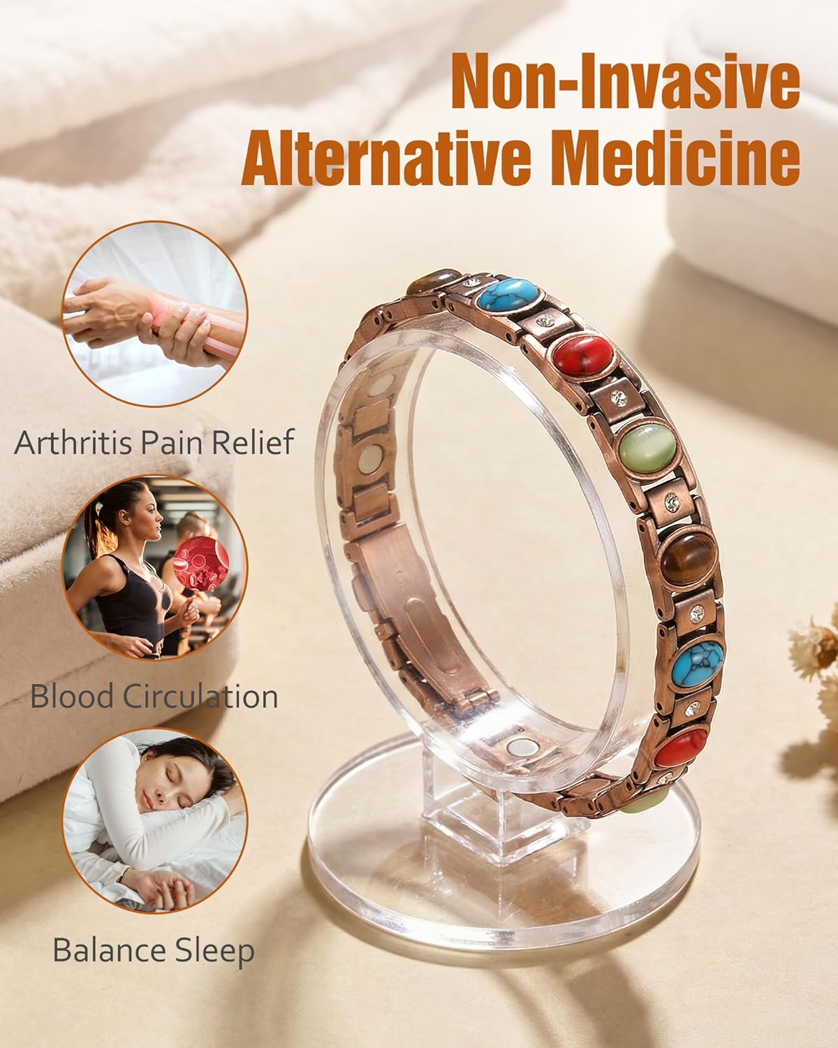 Jecanori Pure Copper Bracelets for Women, Ultra Strength Magnetic Bracelet with 3500 Gauss Magnets & Natural Turquoise Stones, Adjustable Jewelry Gift - Image 4