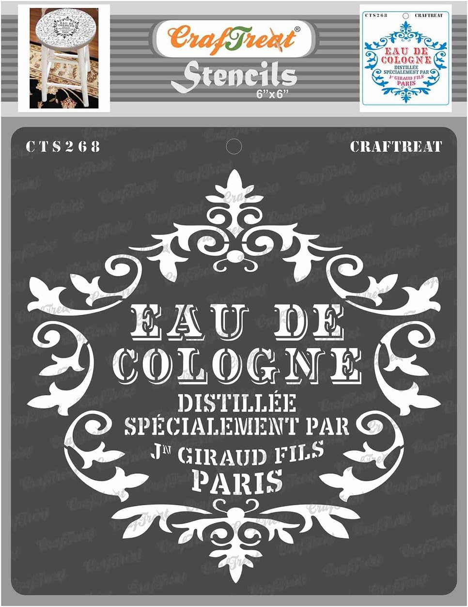 CrafTreatReusable French Stencils for Painting on Wood, Canvas, Paper, Fabric, Floor, Wall and Tile - Eau De Cologne - 6x6 Inch - DIY Art and Craft Stencils - French Letter Stencil