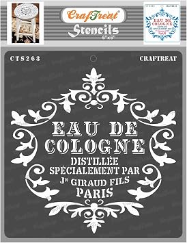 CrafTreat Reusable French Stencils for Painting on Wood, Canvas, Paper, Fabric, Floor, Wall and Tile - Eau De Cologne - 6x6 Inches - DIY Art and Craft Stencils - French Letter Stencil