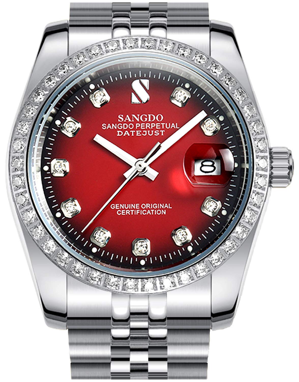 TEINTOPSangdo Men's Automatic Wrist Watches Mechanical Calendar with Steel Band(Red Silver)