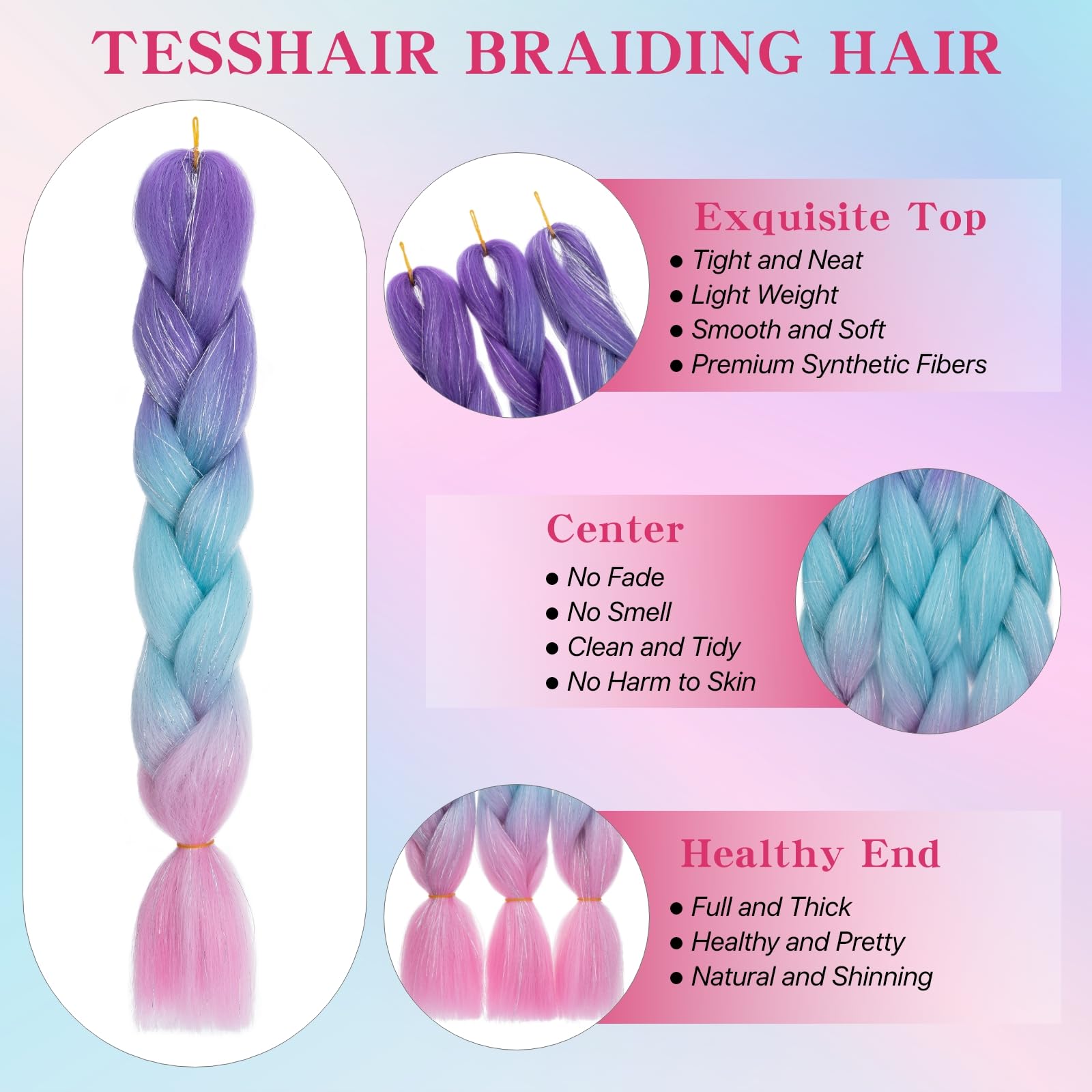 tesshair Braiding Hair Extensions 24 Inch Jumbo Braiding for Twist Braiding Synthetic Fashion Braids Extensions Hair Natural Braid Extensions for Women Grils (Purple-Sky Blue-Pink - Image 4