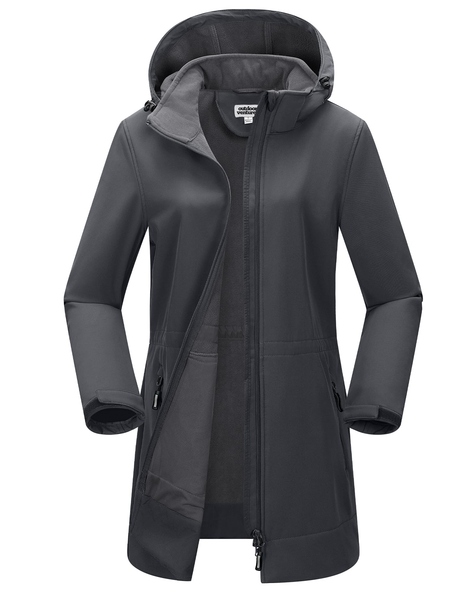 Outdoor Ventures Women's Softshell Long Jacket with Hood Fleece Lined Windproof Jacket for Women Waterproof Windbreaker M Light Grey
