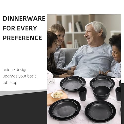 Miniatura 5 de Juego de platos y cuencos negros para 8, vajilla de paja de trigo, de plástico negro, reutilizable, apto para lavavajillas, para cocina, Halloween,