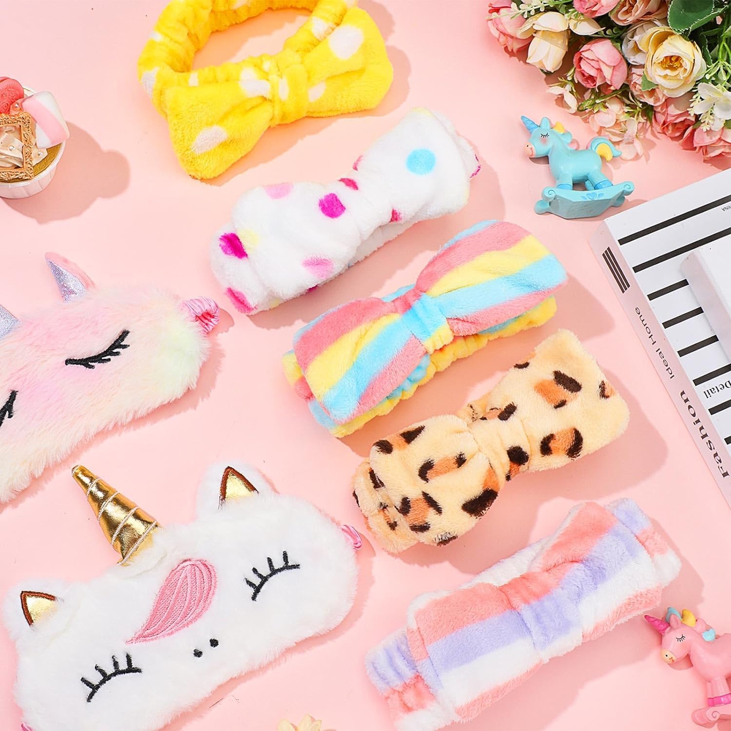 24 Stück Sleepover Stuff enthalten 12 Einhorn-Augenmasken und 12 Haar-Stirnbänder mit Fliege zum Waschen des Gesichts, Schlafmaske, elastische Hautpflege-Stirnbänder, Übernachtungs-Partygeschenke für